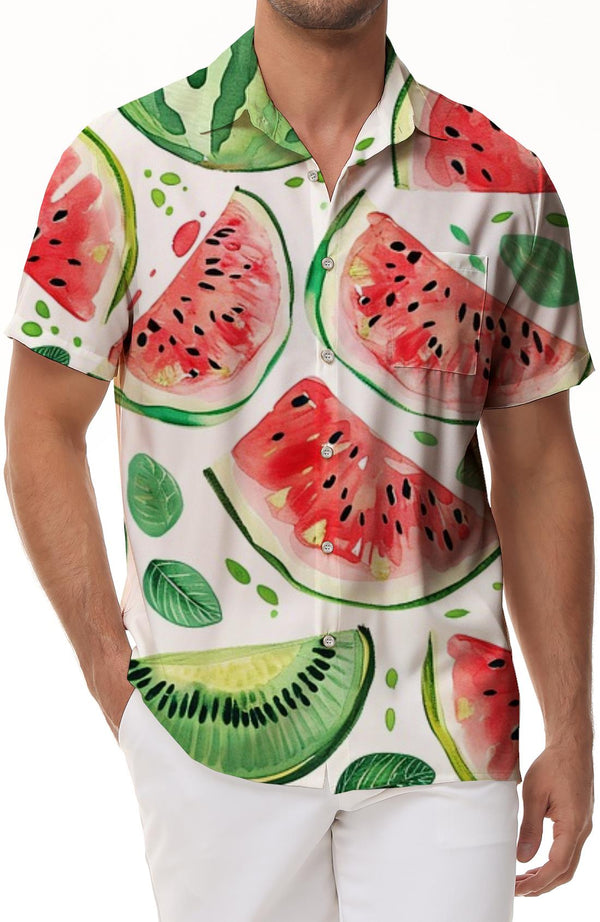 Watercolor Fruit Watermelon Slice Shirt Hawaiian Casual Short Sleeve Shirt Pattern Button Shirt Short Sleeve