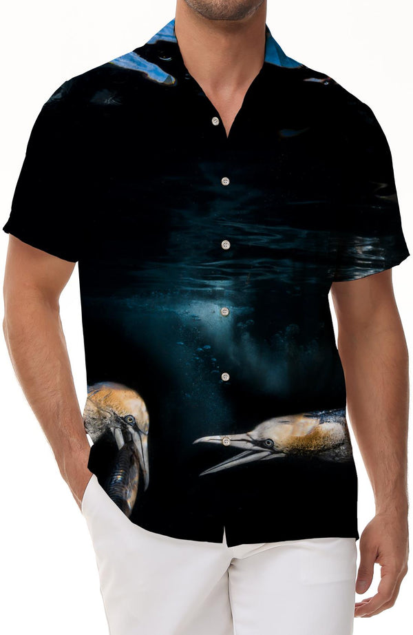 Black Sea Deep Sea Abstract Fish Digital Print Hawaiian Men's Short Sleeve Shirt Button Pocket Lapel