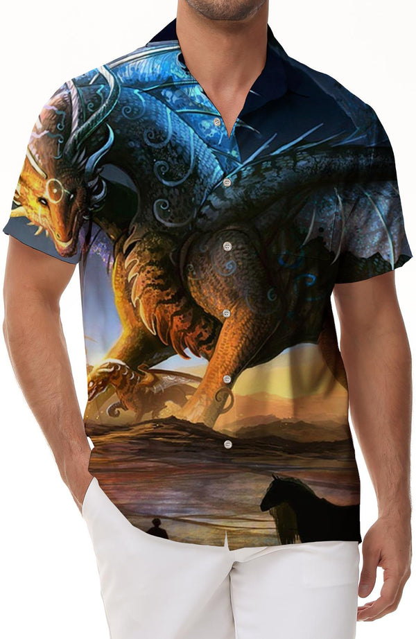 Sky sunset bronze dragon men's summer short sleeve button casual beach men's Hawaiian shirt short sleeve
