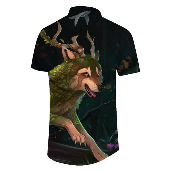
Disguised cunning wolf retro print Hawaiian style fashion beach tops men's button lapel casual suitable for summer beach seaside play
                