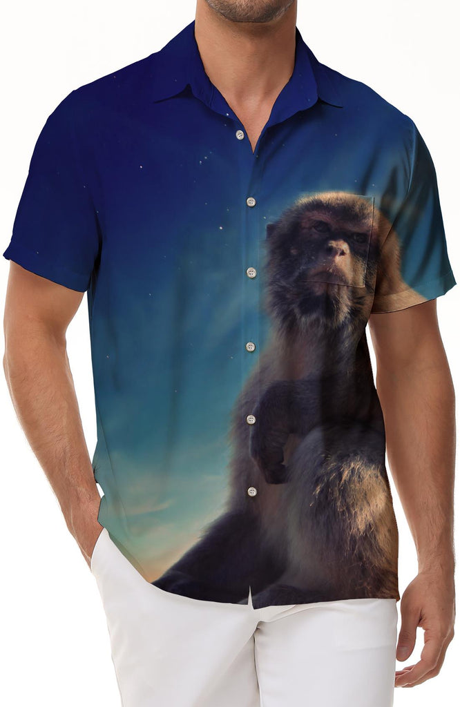Men's casual short-sleeved shirt with animal galaxy monkey pattern Hawaiian button-down tropical four seasons lapel pocket short-sleeved shirt beach wear