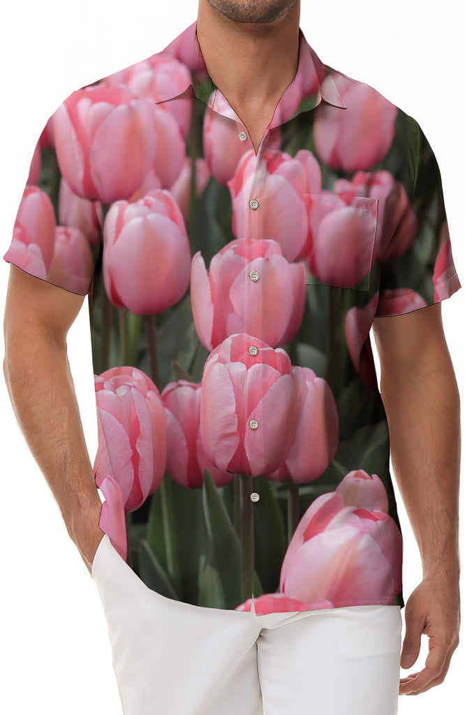 Mens Pink Tulips for the Beach Summer Hawaiian Shirt Short Sleeve Casual Shirt Button Down Shirt Short Sleeve