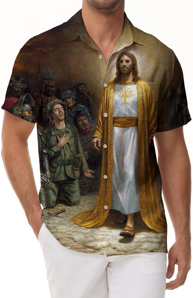 Religious Shirt Men Button Jesus God Hip Hop Cartoon Drawing 3D Printing Harajuku Casual Shirt