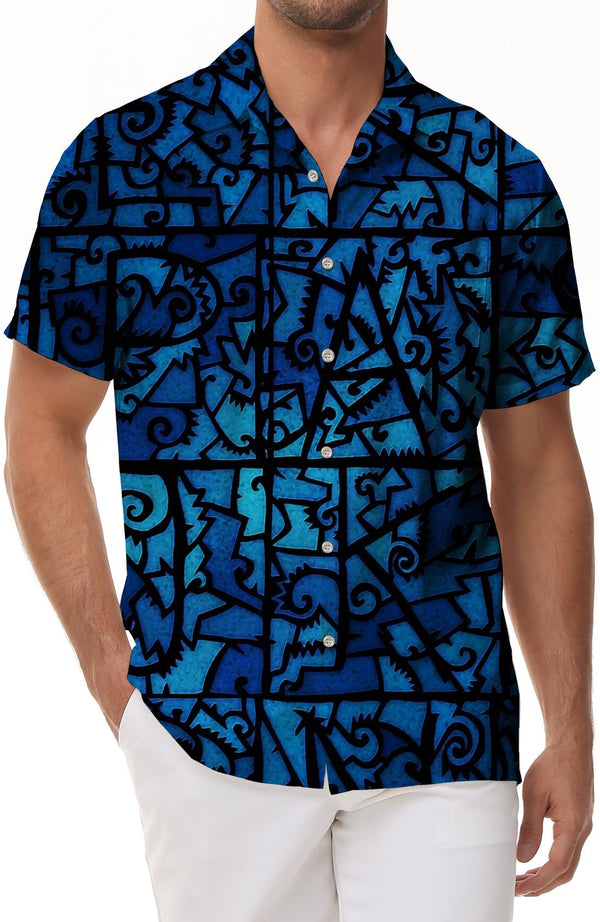 Summer Men's Hawaiian Shirt Casual Shirt Short Sleeve Button Beach Shirt Tropical Fashion Shirt Abstract Blue Pattern