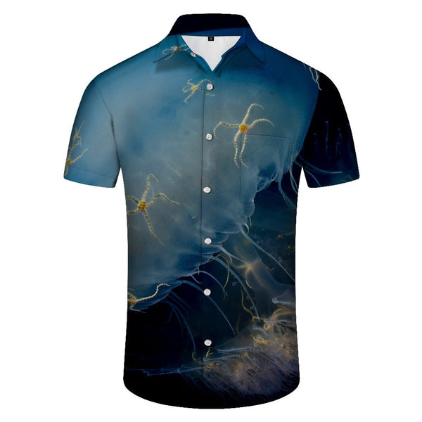 
Artistic jellyfish light blue seabed print pattern casual loose men's short sleeve button down Hawaiian shirt summer
                
