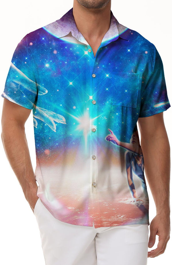 Elegant silver sea blue fantasy and god's contract short-sleeved shirt printed pattern men's Hawaiian shirt tropical beach style lining interesting short-sleeved