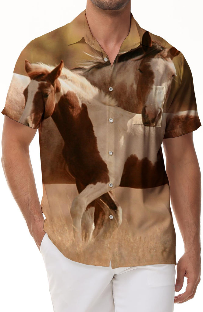 Two tall horses on the prairie 3D digital printing cool fashion button-down tropical Hawaiian style short-sleeved shirt