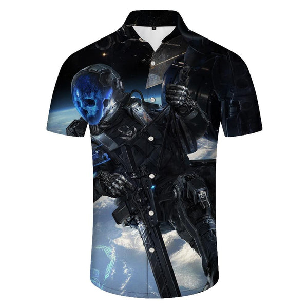 
European and American popular men's new short-sleeved space alien print shirt casual Hawaiian summer shirt button-down
                