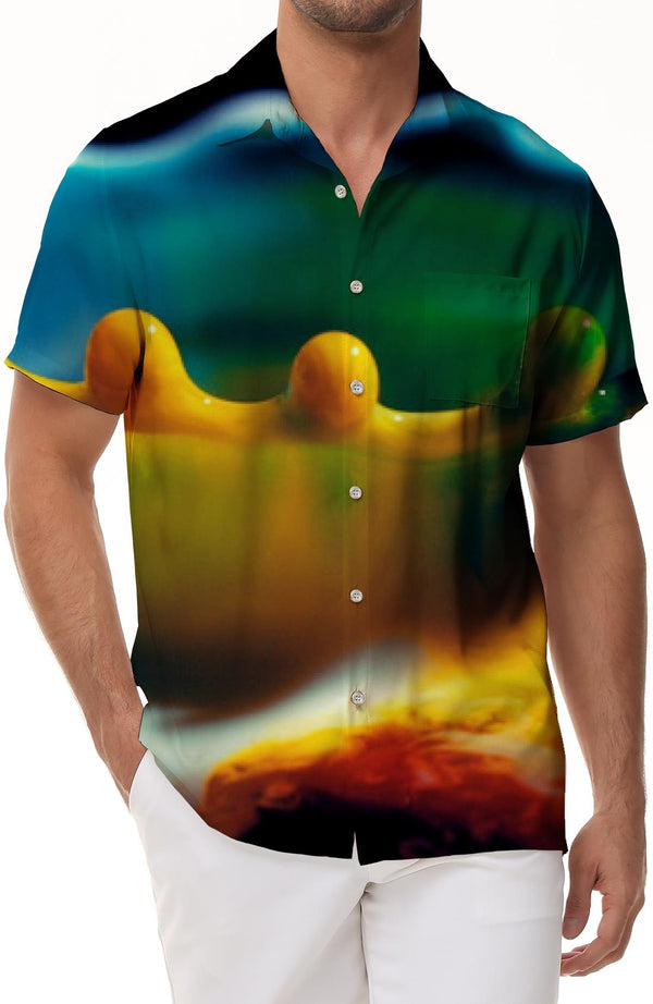 Pigment Color Water Drop Short Sleeve Shirt Men's Button Lapel Shirt with Pockets Hawaiian Rainforest Top