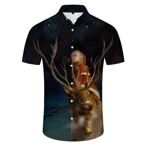 
Deer in the forest at night galaxy men shirt button down lapel short sleeve Hawaiian shirt short sleeve for outdoor fishing walking
                