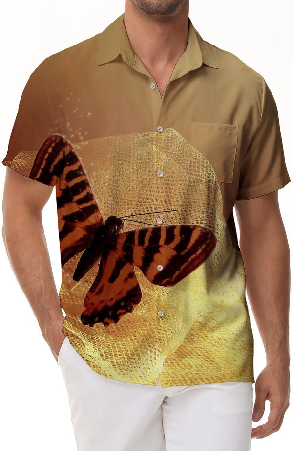 Gauze graceful butterfly four seasons comfortable short-sleeved retro shirt brown men's casual daily outing short-sleeved shirt