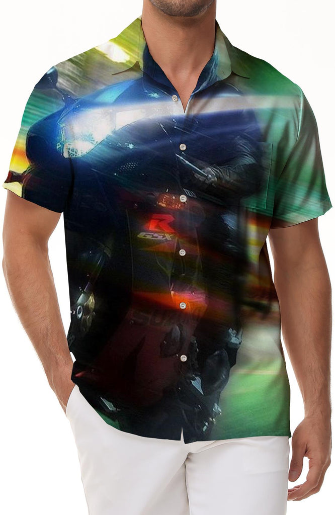 Motorcycle cool racing men's casual style summer tropical Hawaiian button lapel pocket mouth short sleeve shirt motorcycle