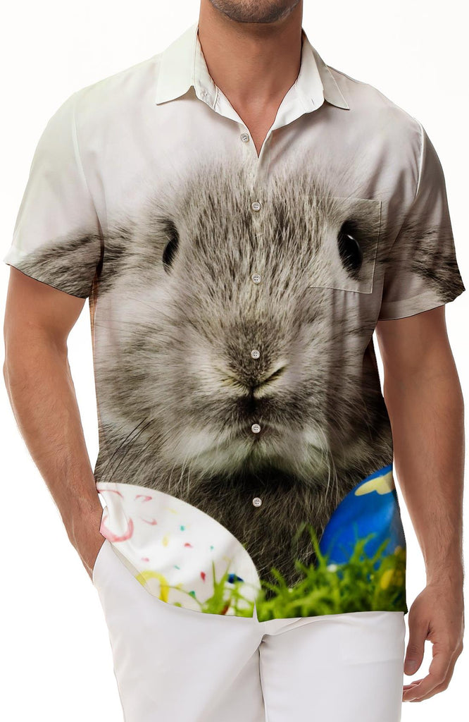Funny Bunny Animal Flowers Men's Easter Shirt 3D Digital Printing Button Short Sleeve Casual Hawaiian Shirt