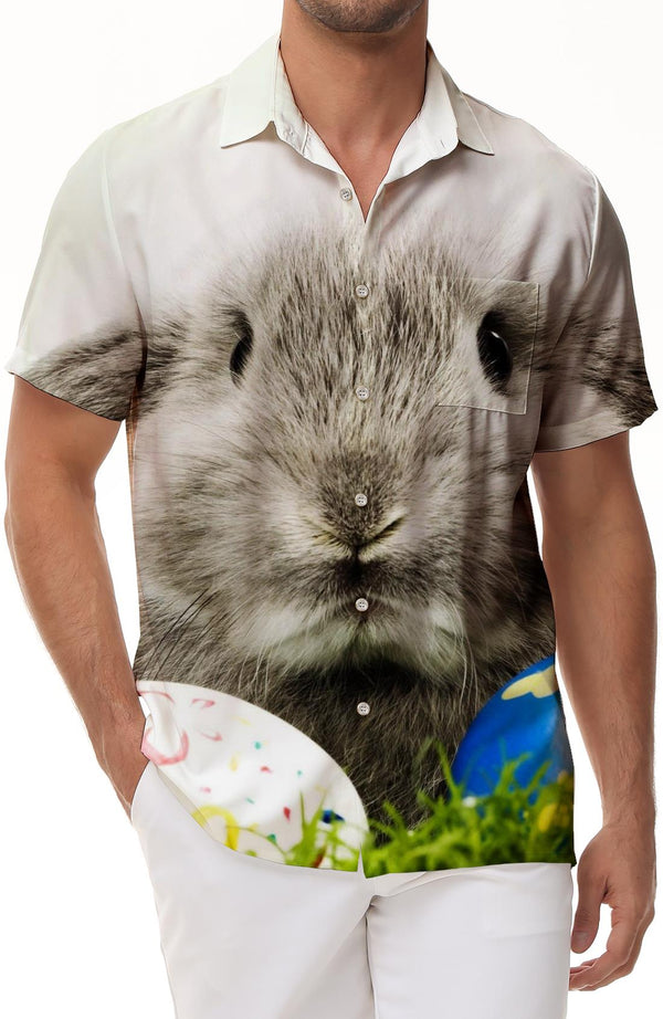 Funny Bunny Animal Flowers Men's Easter Shirt 3D Digital Printing Button Short Sleeve Casual Hawaiian Shirt