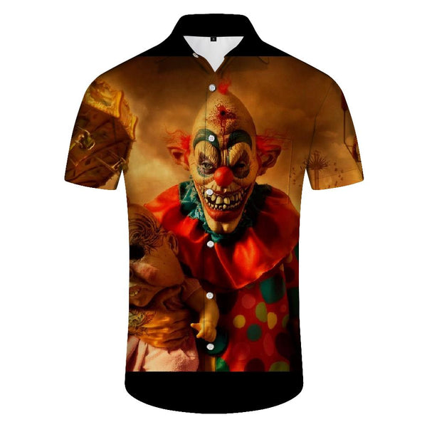 
Men's Horror Evil Clown Horror Movie Hawaii Fashion Casual Travel Short Sleeve Button Pocket Lapel Top
                