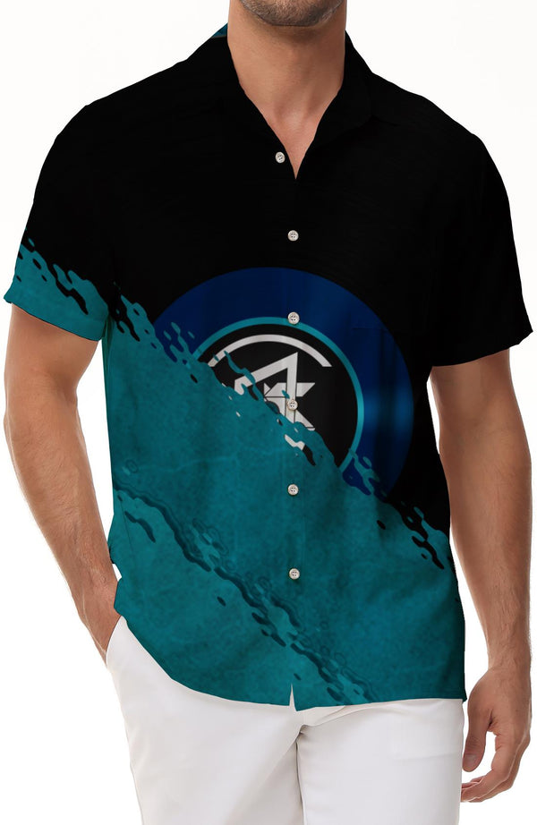 Black geometric print men's loose casual button summer Hawaiian button lapel pocket beach seaside short sleeve shirt tops