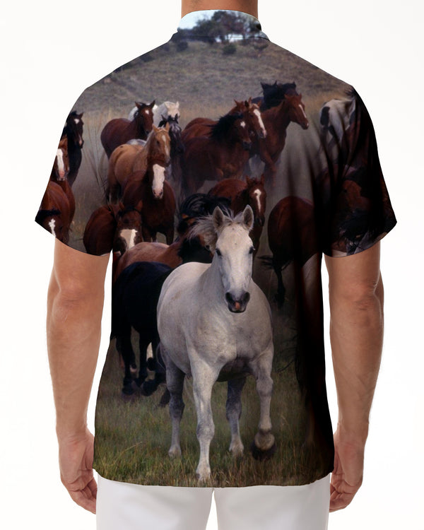 
Brown horse galloping in the grassland desert men's Hawaiian shirt top holiday short sleeve
                