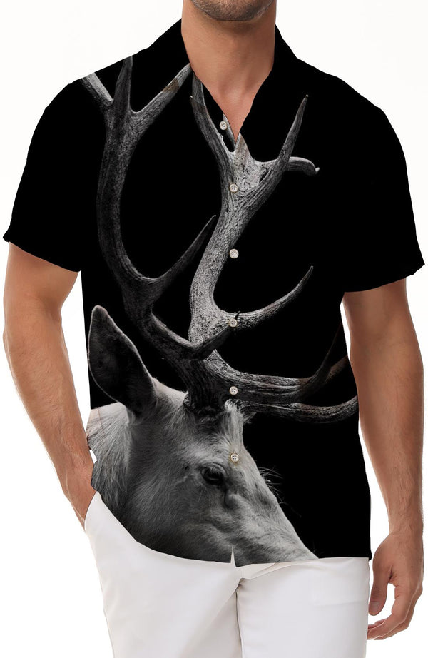 Black Deer Antlers Animal Casual Short Sleeve Streetwear Hawaiian Beach Shirt Men 3D Printed Shirt Mens Tops