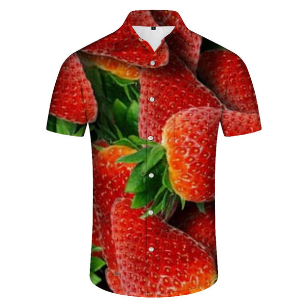 
Strawberry print pattern Hawaiian button-down lapel pockets fun and stylish cool daily travel seaside short-sleeved shirt
                