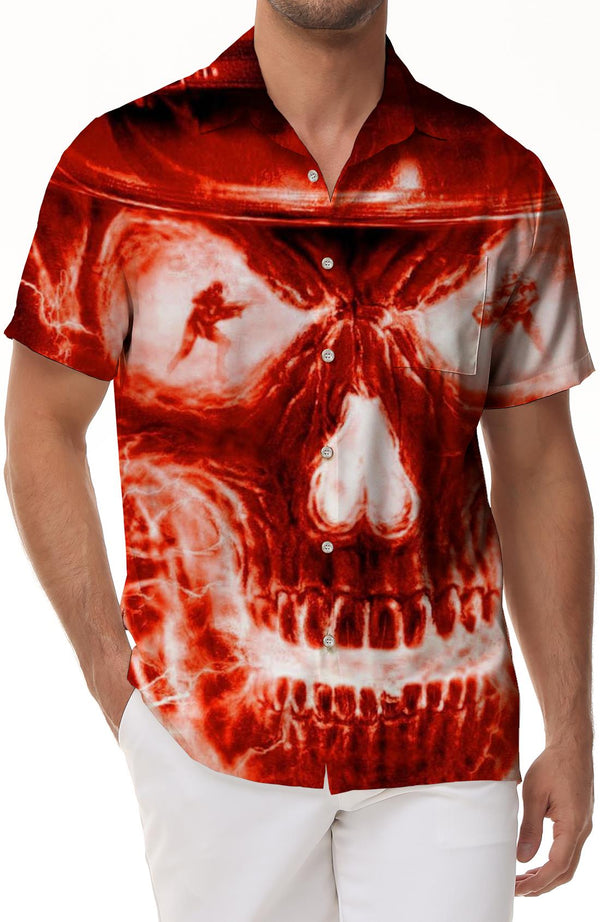 Vintage 3D Skull Print Shirt Men Summer Lapel Button Down Short Sleeve Gothic Skull Festival Party Beach Shirt