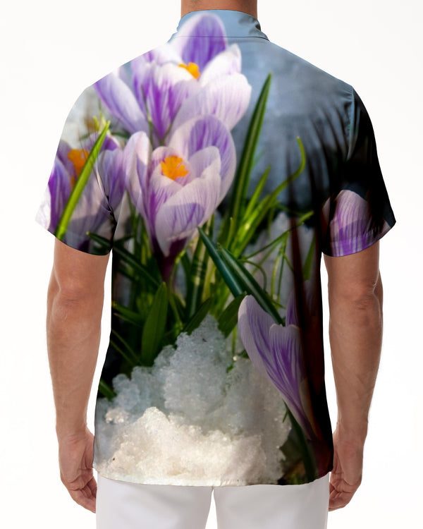 
Green Leaves and Purple Flowers Printed Mens Pocket Hawaiian Shirt Tropical Summer Short Sleeve Casual Beach Clothes
                