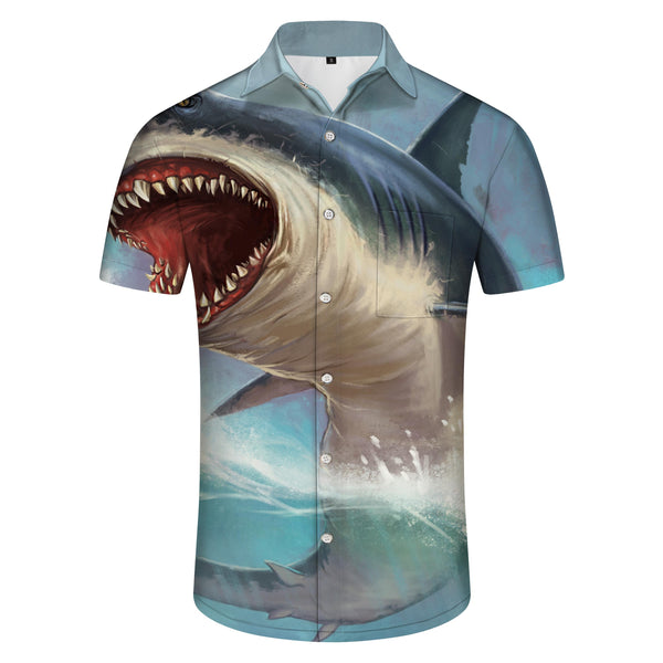
Fierce Shark Print Shirt Men's Outdoor Button Summer Pocket Lapel Ocean Vacation Shirt
                