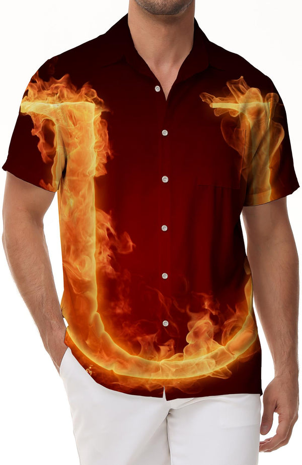 U flame English letter regular short-sleeved shirt daily wear Hawaiian button lapel pocket short-sleeved shirt men's casual loose