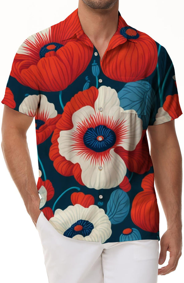 Red art painting 3d digital printing Hawaiian style button lapel vacation seaside travel men's casual loose top