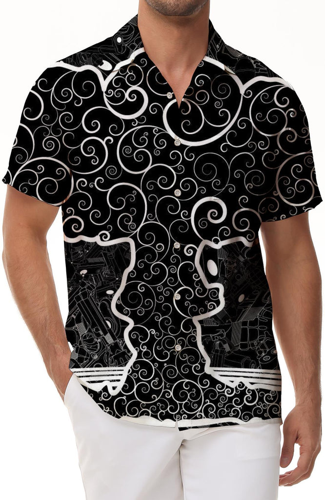 Black and white pattern abstract tree men's lapel short sleeve shirt with pocket print casual shirt top design