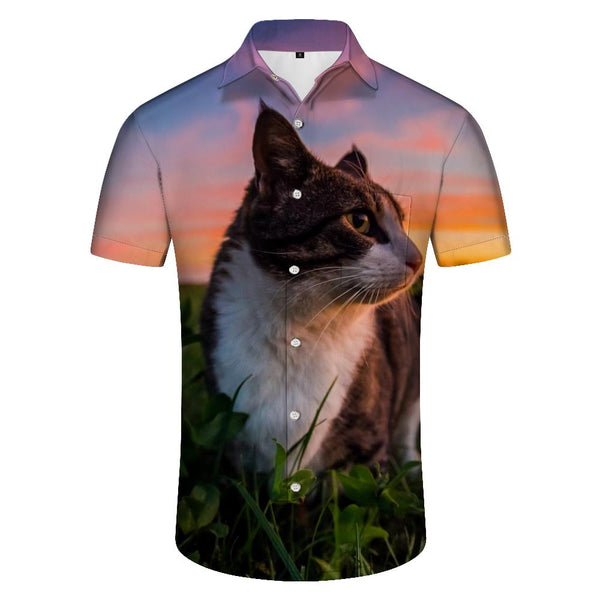 
Cute cat and sunset pattern men's Cuban collar short sleeve shirt suitable for vacation beach
                