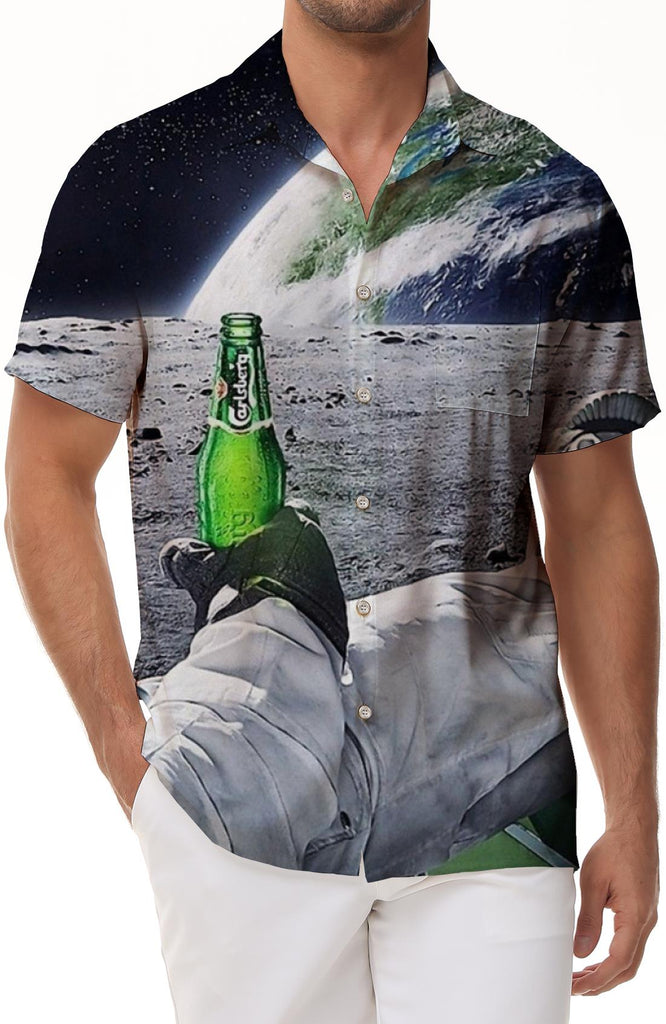 3D Moon Astronaut Digital Printing Lapel Short Sleeve Comfortable Breathable Men's Casual Short Sleeve Shirt Hawaiian Button Pocket Tropical Four Seasons Top