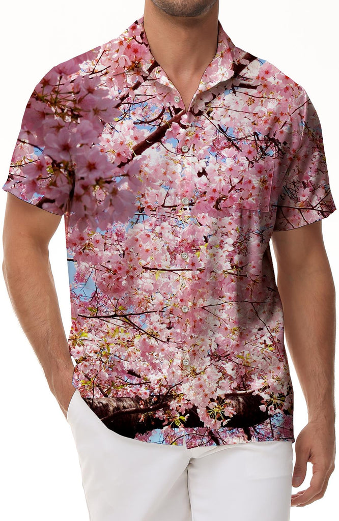 3D Floral Print Pattern Cherry Blossom Hawaiian Button Lapel Men's Casual Short Sleeve Shirt Button Lapel Bag
