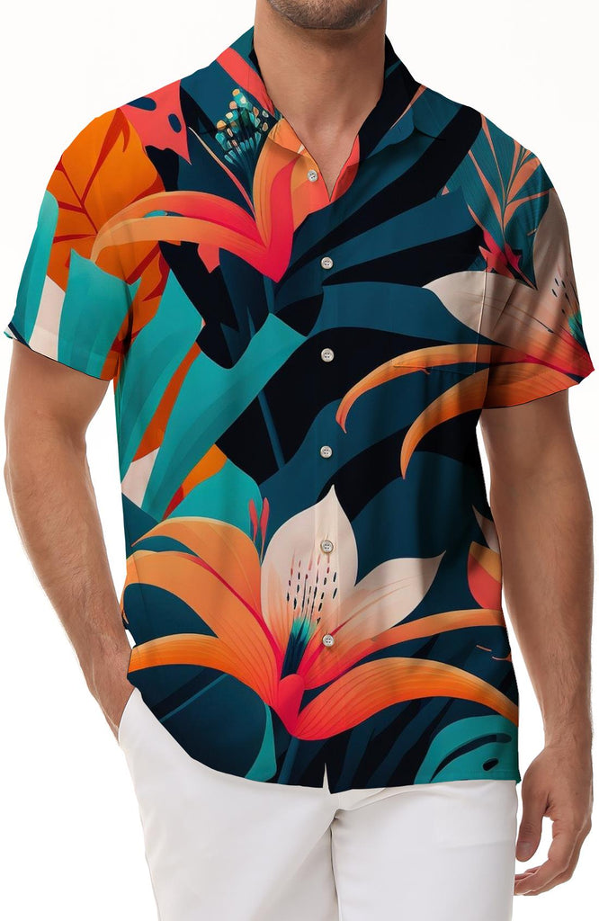 Tropical seaside Hawaiian casual button-down lapel digital print pattern men's daily travel loose short sleeve