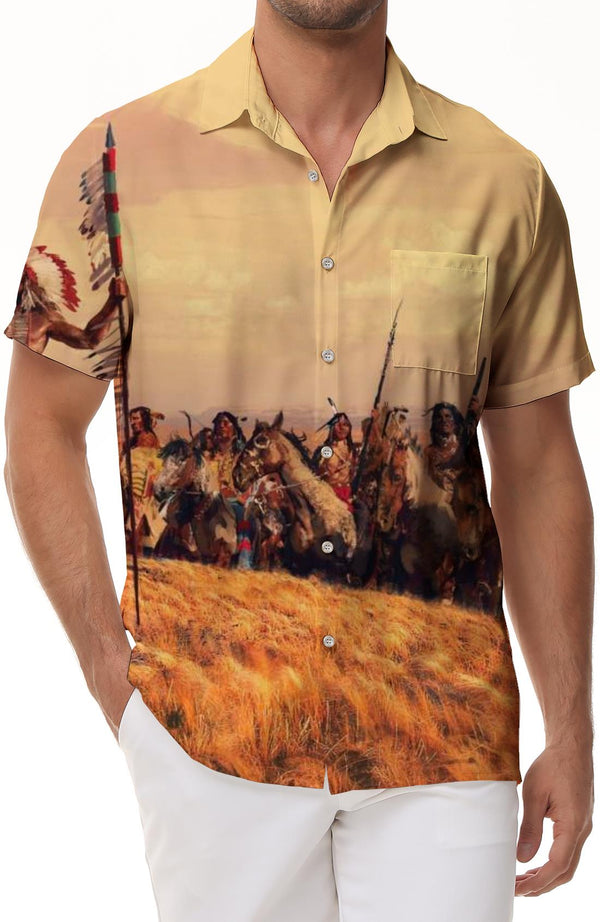 Comfortable Men's Casual Hawaiian Shirt Denim Print Beige Sleeve Shirt Cool Summer Top Retro Breathable