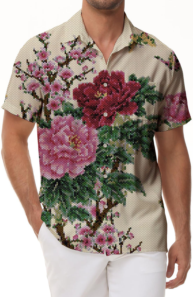 Peony Flower Ancient Style Pattern Short Sleeve Shirt Chinese Retro Art Polyester Seaside Holiday Short Sleeve Shirt Casual Hawaiian Holiday