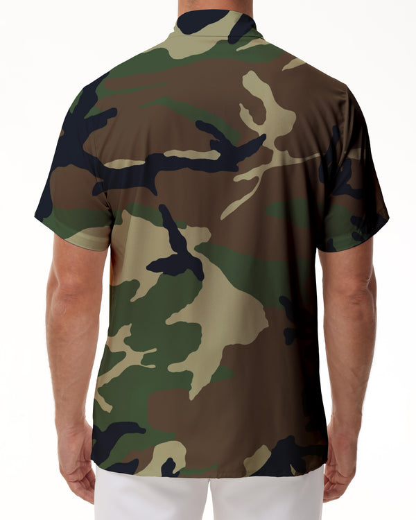 
Boys' lapel short-sleeved 3D printed pattern Forest green and brown camouflage tops are suitable for daily street casual style and seaside play
                