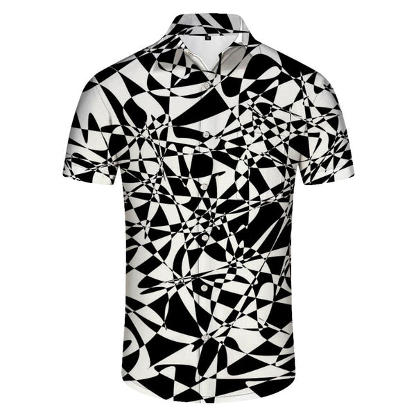 
Fashion black and white geometric print Hawaiian shirt men's short-sleeved casual tops summer vacation essential fashion clothing
                