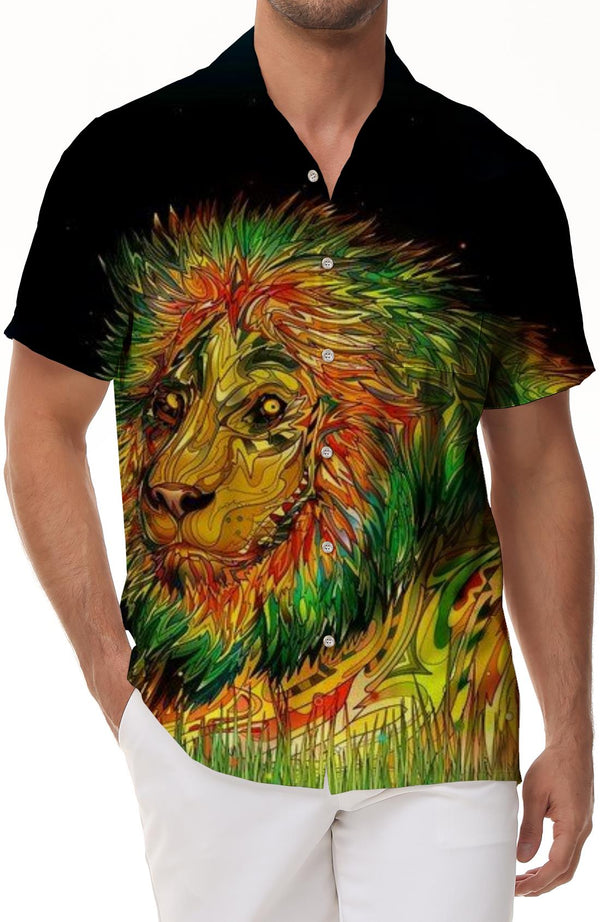 Neon color art tropical rainforest animal lion hip hop casual men's short sleeve loose Hawaiian lapel pocket four seasons shirt