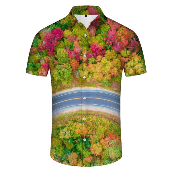 
High Speed Autumn Landscape Multicolor Trees Print Men's Casual Button Shirt Short Sleeve Summer Seaside Beach Top
                