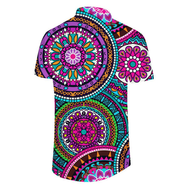 
Blue and purple mandala retro pattern geometric fashionable Hawaiian holiday beach seaside short-sleeved men's casual button shirt
                