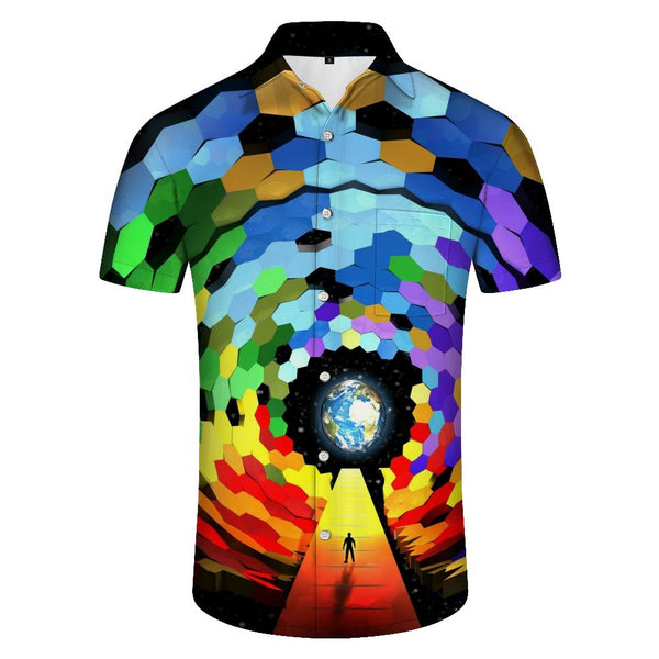 
Geometric round rainbow stripe print men's shirt short sleeve trendy fashion retro style Hawaiian button pocket short sleeve shirt lapel
                