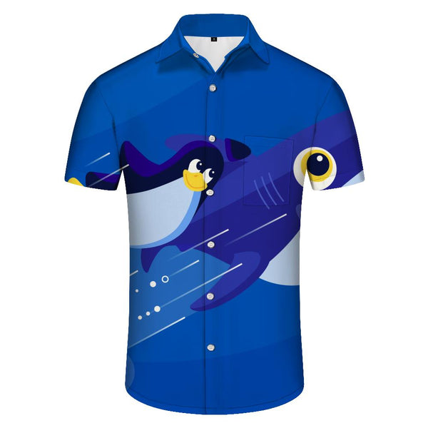 
Cartoon Penguin Water Men's Hawaiian Shirt Women's Hawaiian Button Shirt Landscape Tropical Beach Blue
                