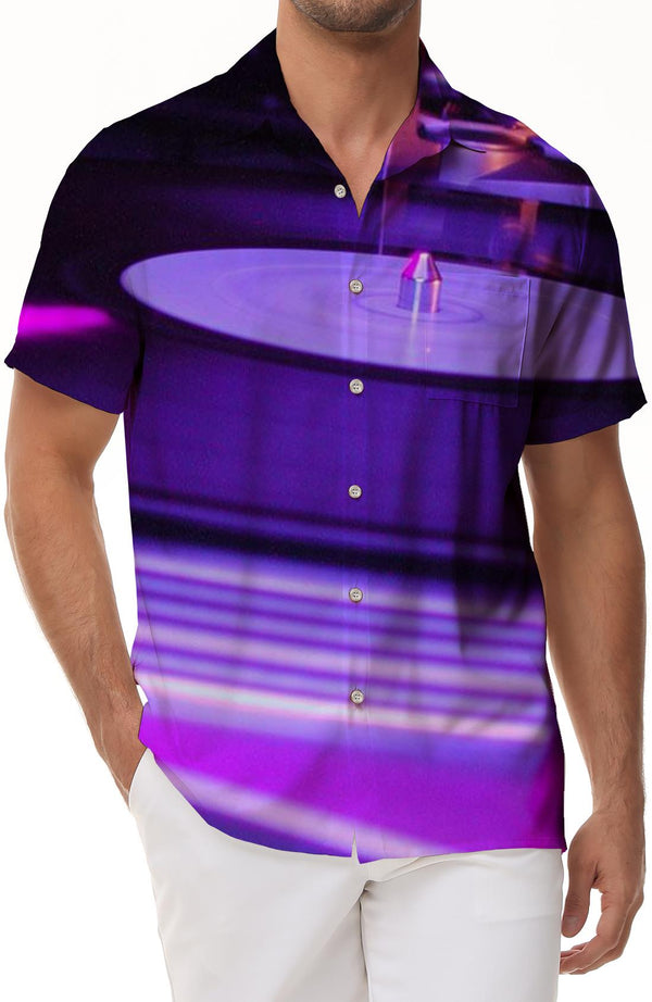 Purple Record Fashion Vintage Men's Short Sleeve Button Shirt Print Summer Beach Casual Hawaiian Short Shirt