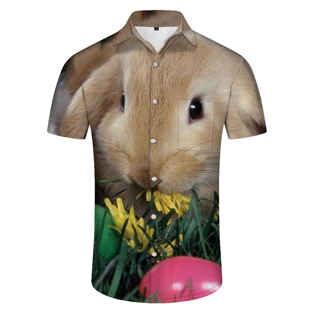 Cute rabbit print fashion shirt tops Easter men's Hawaiian button lapel vacation travel seaside beach short sleeves