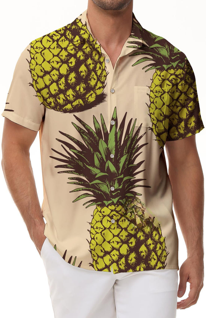 Men's Short Sleeve Pineapple Print Button Casual Summer Cuban Beach Top with Pockets