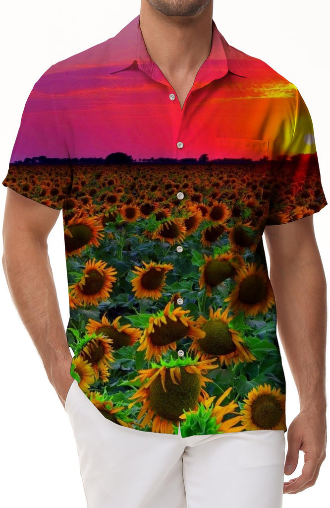 Sunset Gold Sunflower Field Print Hawaiian Button Shirt Men's Casual Loose Short Sleeve Shirt Tops