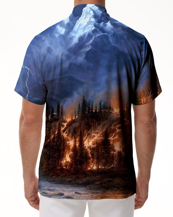 
Hawaiian button pocket lapel fire mountain men's casual daily travel short-sleeved shirt beach shirt beach clothing
                