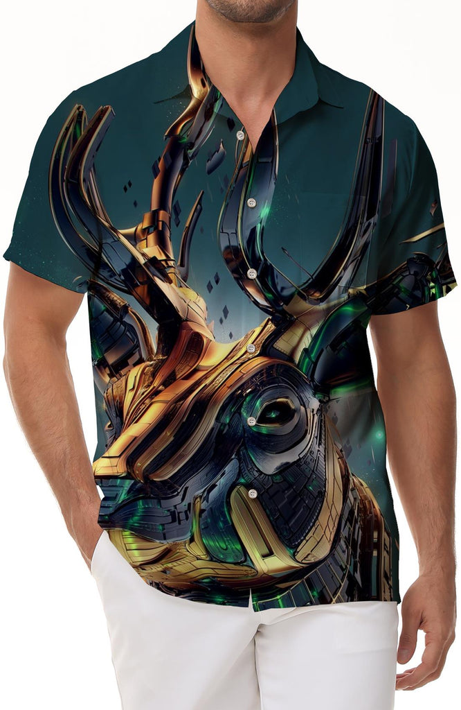 Mechanical Cool Deer Camouflage Hunting Men's Casual Style Lapel Short Sleeve Shirt Breathable Hawaiian Shirt Casual