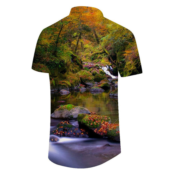 
Nature 3D digital flower print pattern button-down lapel men's short-sleeved shirt men's summer casual
                