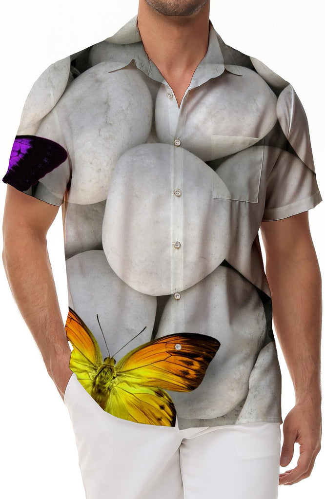 Hawaiian men's butterfly and marble art style interesting tropical four seasons short sleeve tops for men suitable for summer casual daily indoor